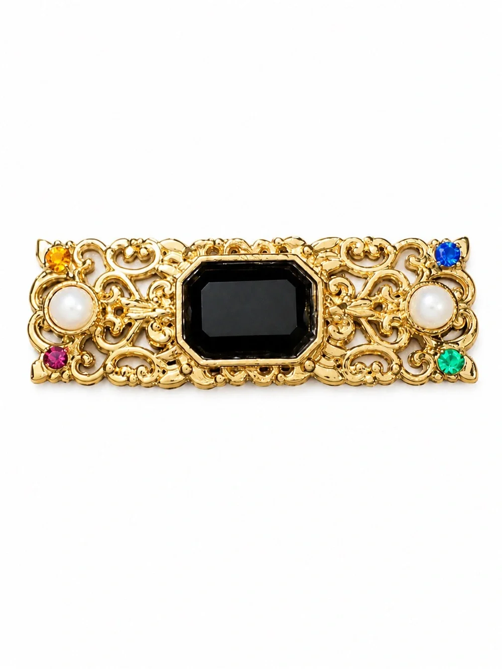 Vintage Gold Tone Filigree Brooch with Faceted Black Stone &‎ Rhinestone Accents